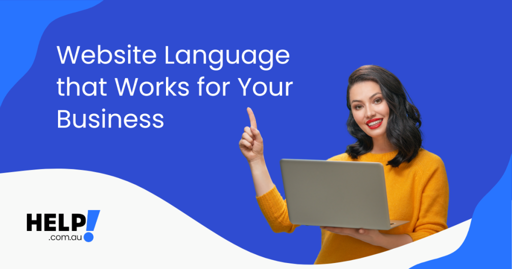 Woman holding a laptop pointing upwards towards website language that benefits small businesses.
