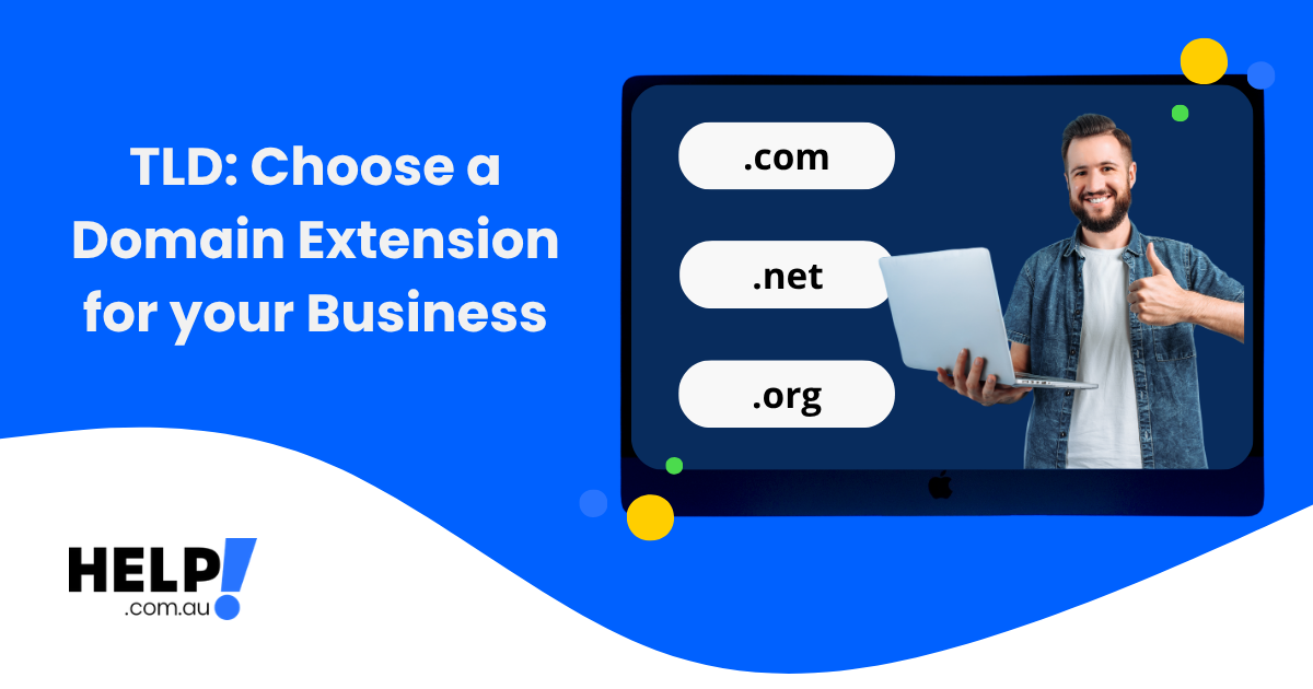 Small Business Owner holding a laptop with top-level domains on the screen and giving the thumbs up