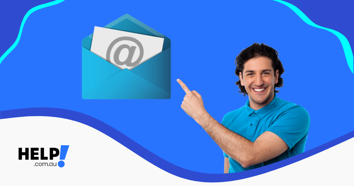 Smiling man pointing to an email envelope