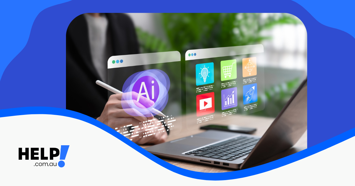 AI digital platforms rising from woman lap as she types.