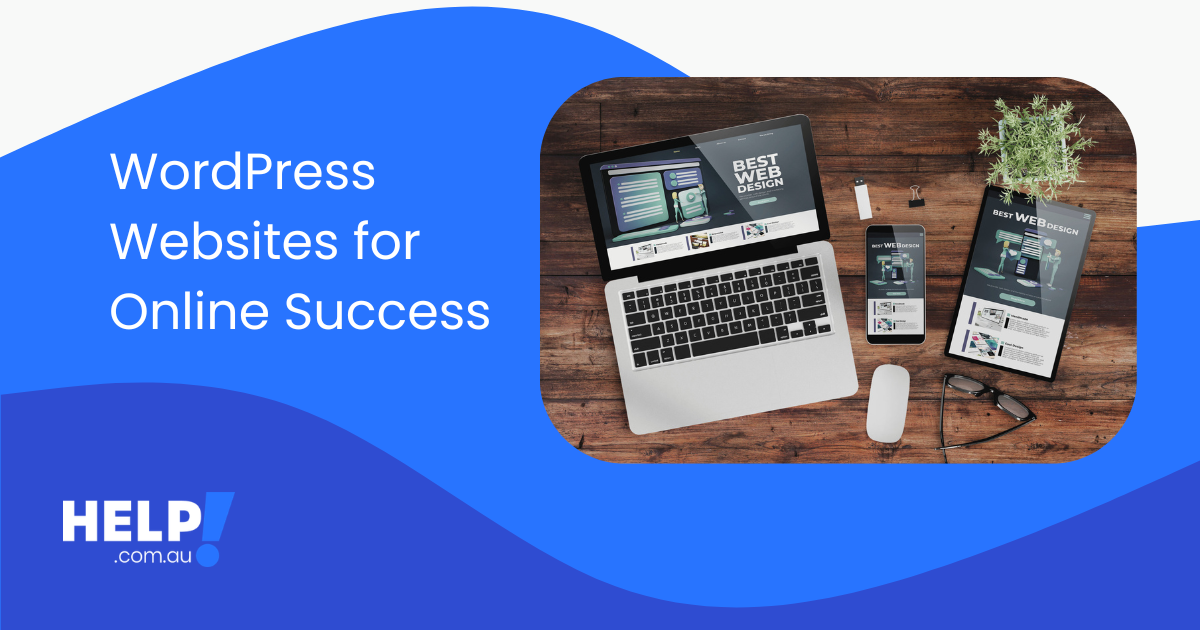 Laptop, mobile and ipad placed on a wooden desk, all with synched website connections and design.