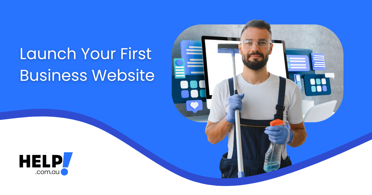 Male new business owner window cleaner standing in front of new website on laptop