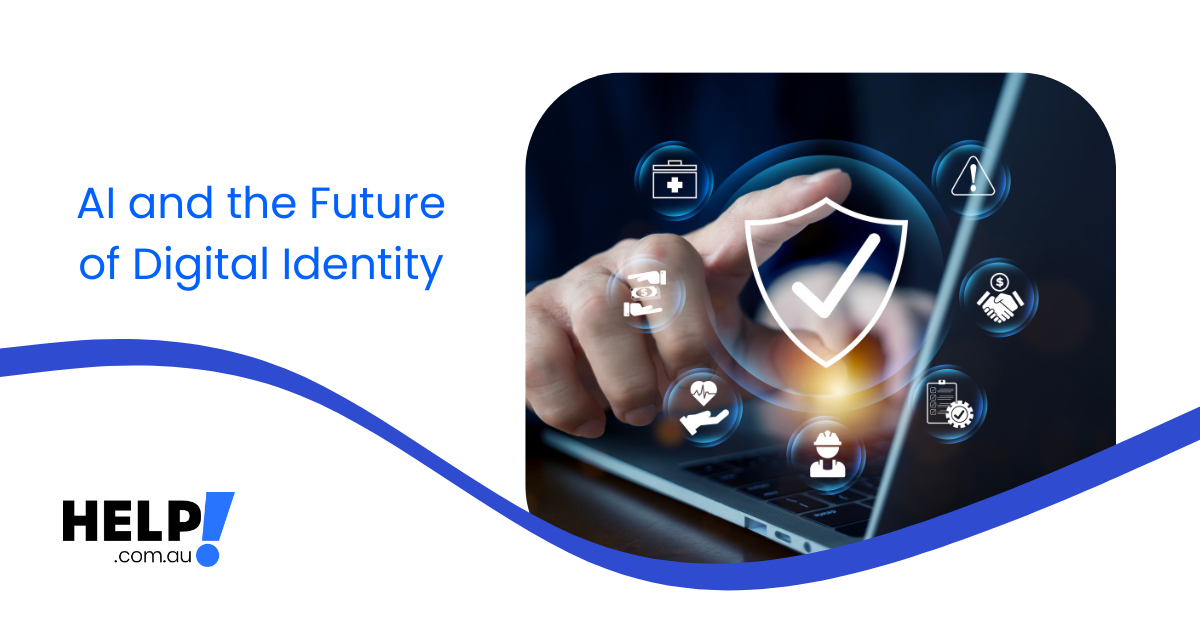 AI rising from a laptop with a dark background and mans hand pointing to the security features of digital identity